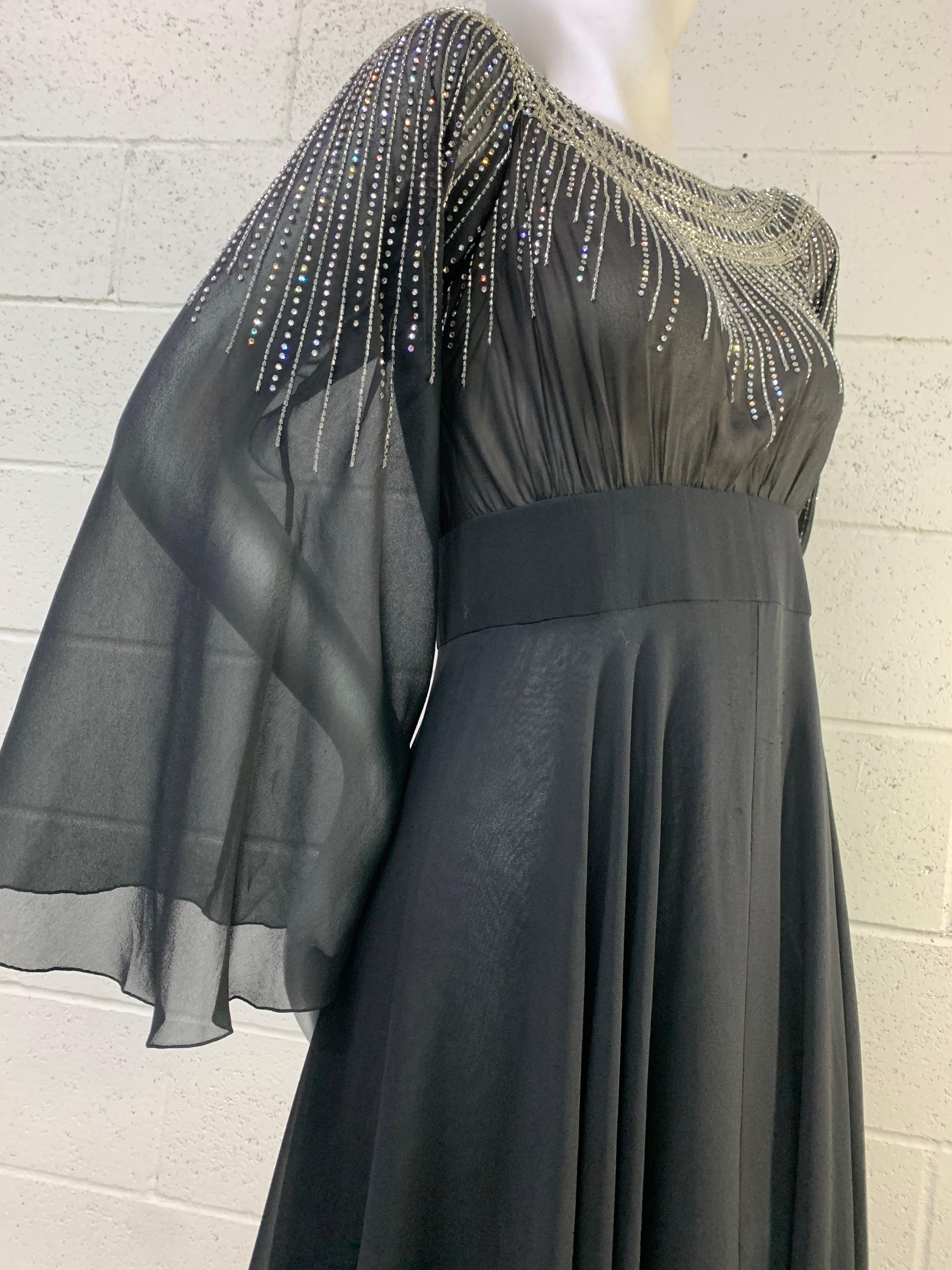 Women's 1970 Pauline Trigere Black Silk Chiffon 30s-Inspired Dress w/ Beaded Starburst For Sale