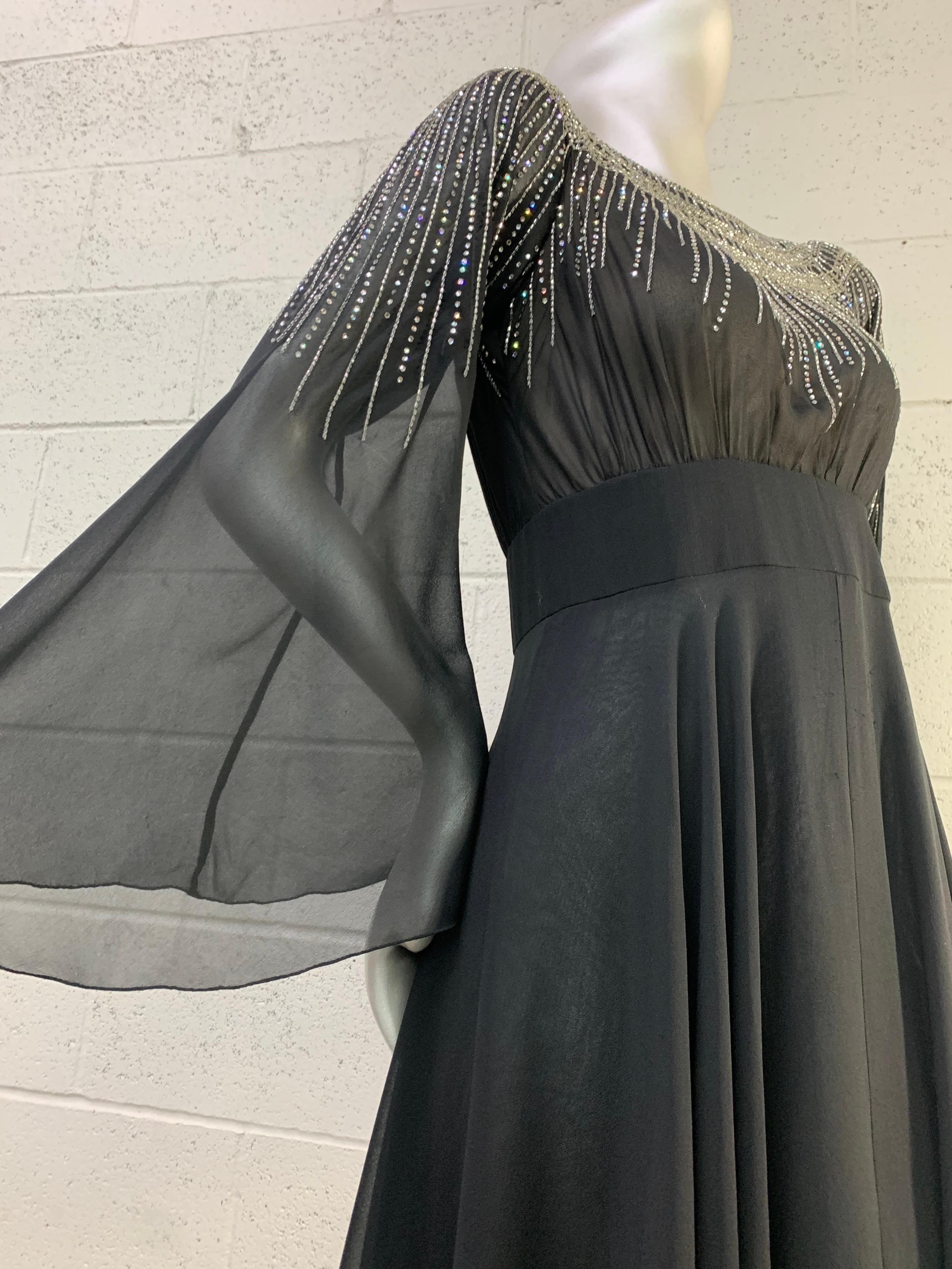 1970 Pauline Trigere Black Silk Chiffon 30s-Inspired Dress w/ Beaded Starburst For Sale 1