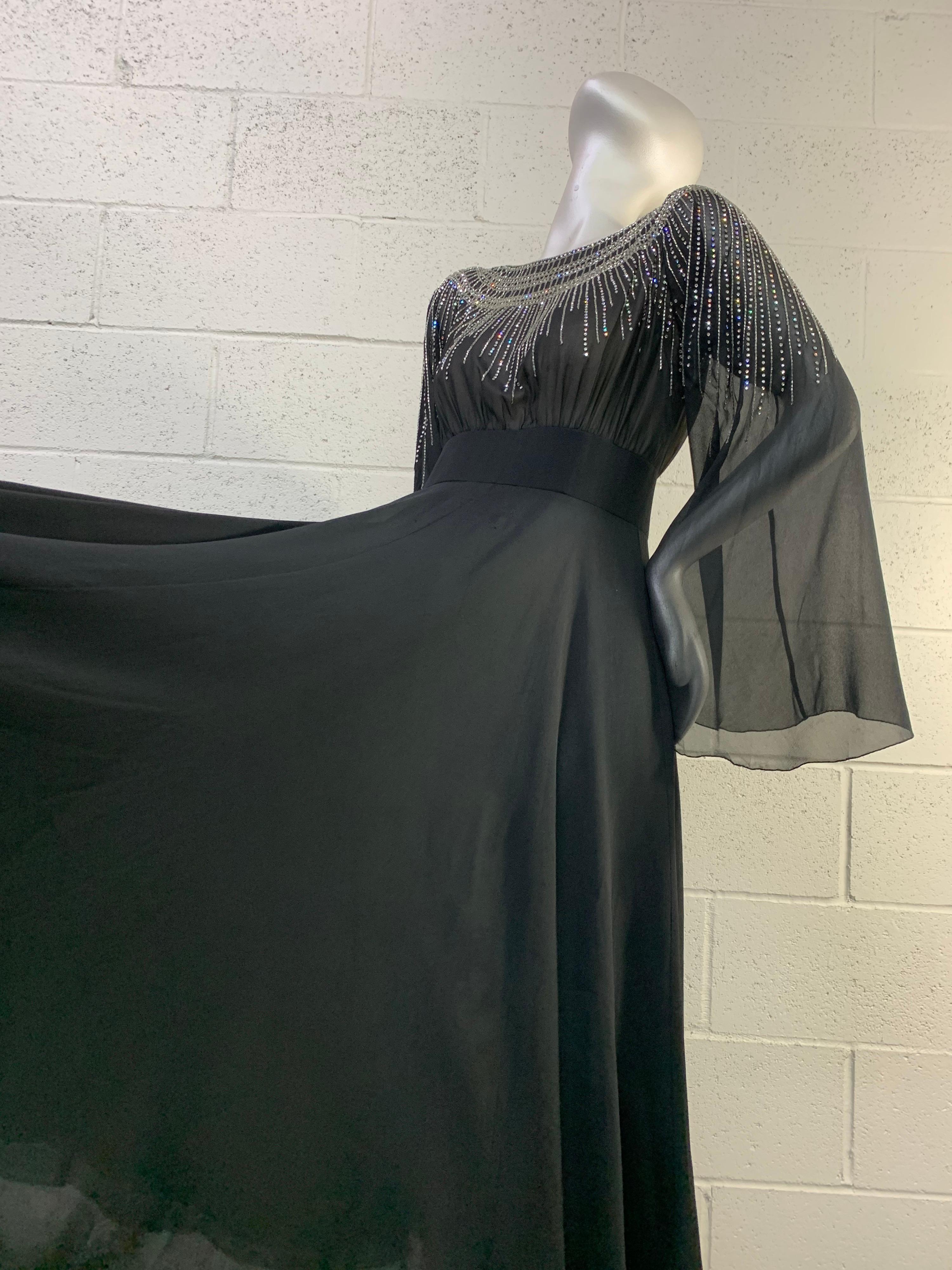 1970 Pauline Trigere Black Silk Chiffon 30s-Inspired Dress w/ Beaded Starburst For Sale 2