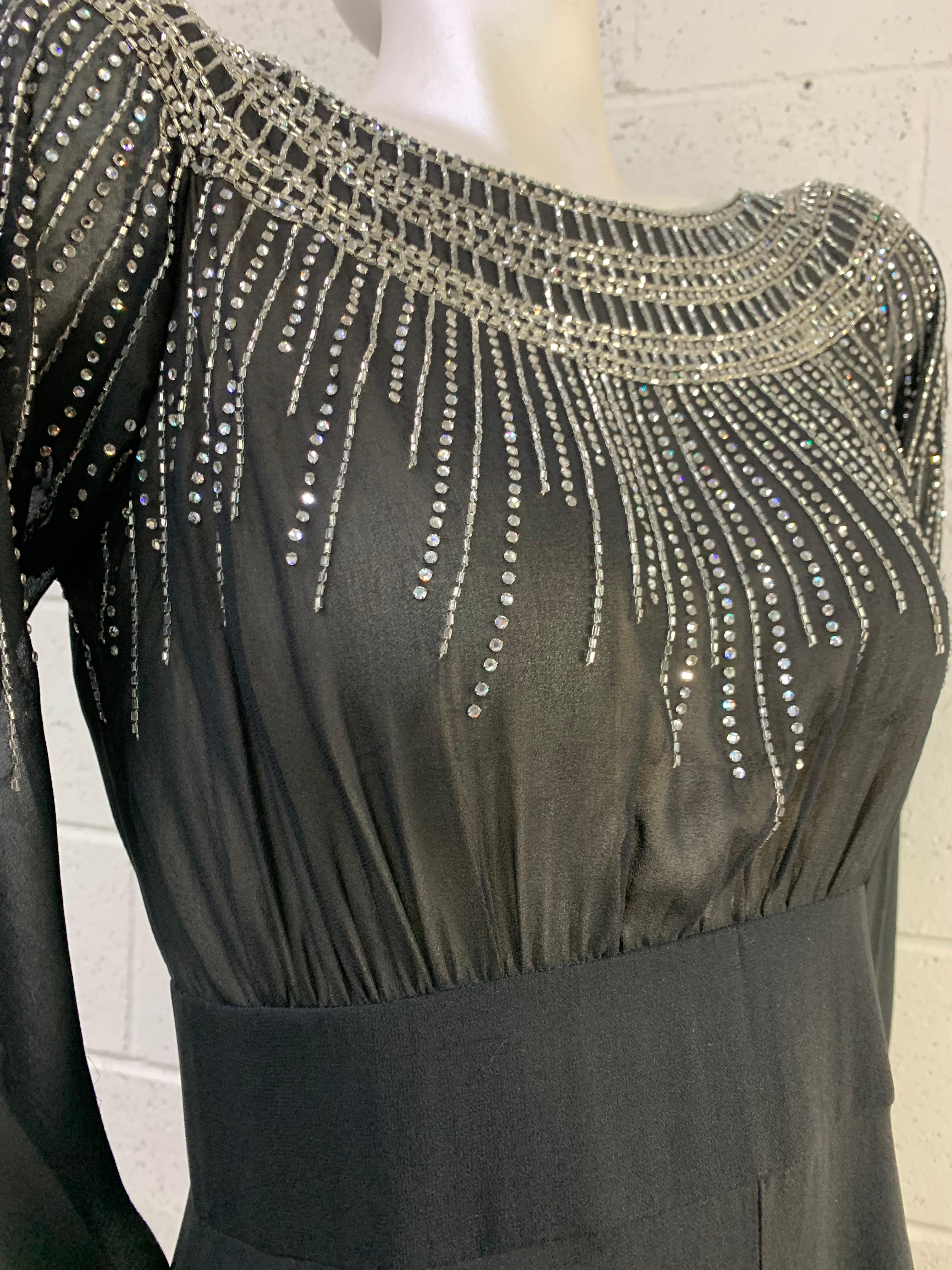 1970 Pauline Trigere Black Silk Chiffon 30s-Inspired Dress w/ Beaded Starburst For Sale 3
