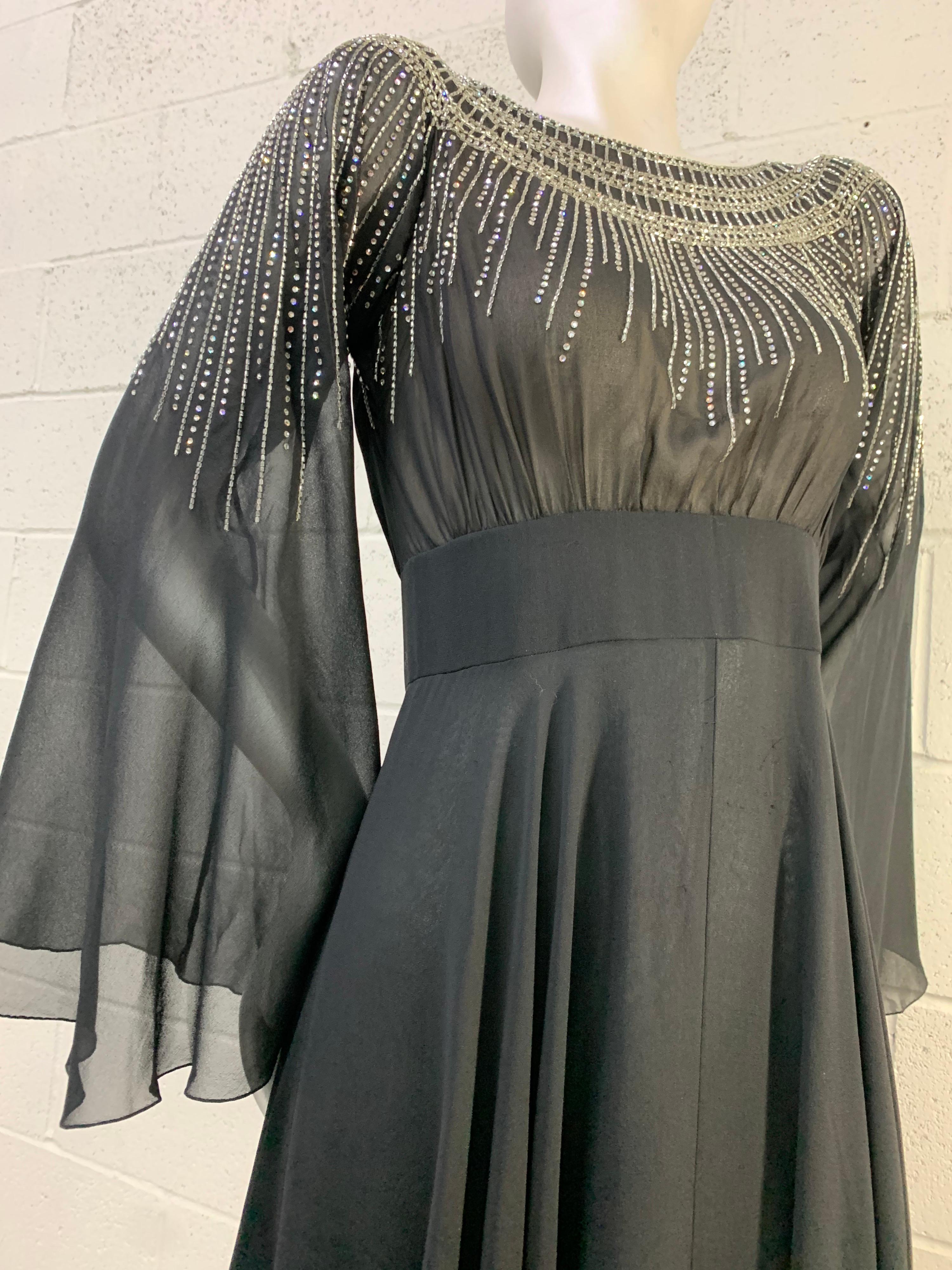 1970 Pauline Trigere Black Silk Chiffon 30s-Inspired Dress w/ Beaded Starburst For Sale 4