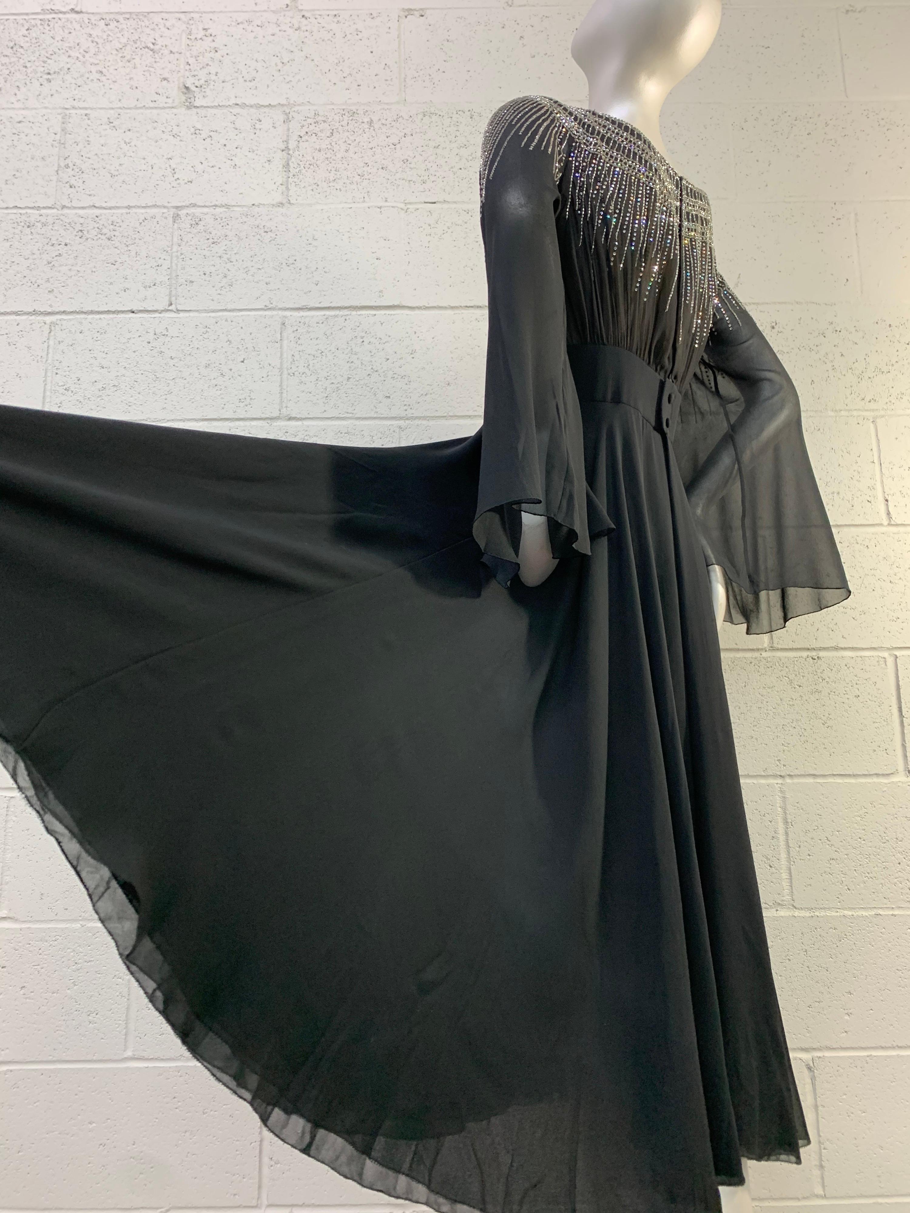 1970 Pauline Trigere Black Silk Chiffon 30s-Inspired Dress w/ Beaded Starburst For Sale 5