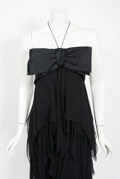 1970's Pauline Trigere Black Silk Chiffon & Satin Halter-Bow Tiered Disco Dress
