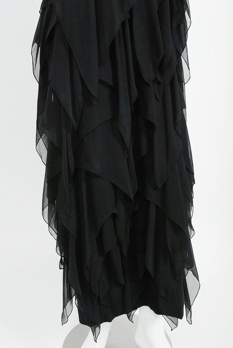 Women's Vintage 1970 Pauline Trigere Black Silk Chiffon & Satin Halter-Bow Tiered Dress For Sale