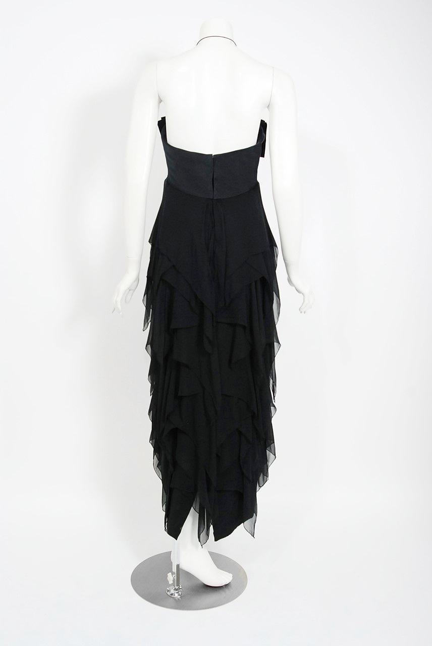 Vintage 1970s Pauline Trigere Black Silk Chiffon & Satin Halter-Bow Tiered Dress In Good Condition For Sale In Beverly Hills, CA