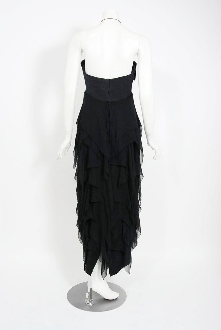 Vintage 1970 Pauline Trigere Black Silk Chiffon & Satin Halter-Bow Tiered Dress For Sale 2