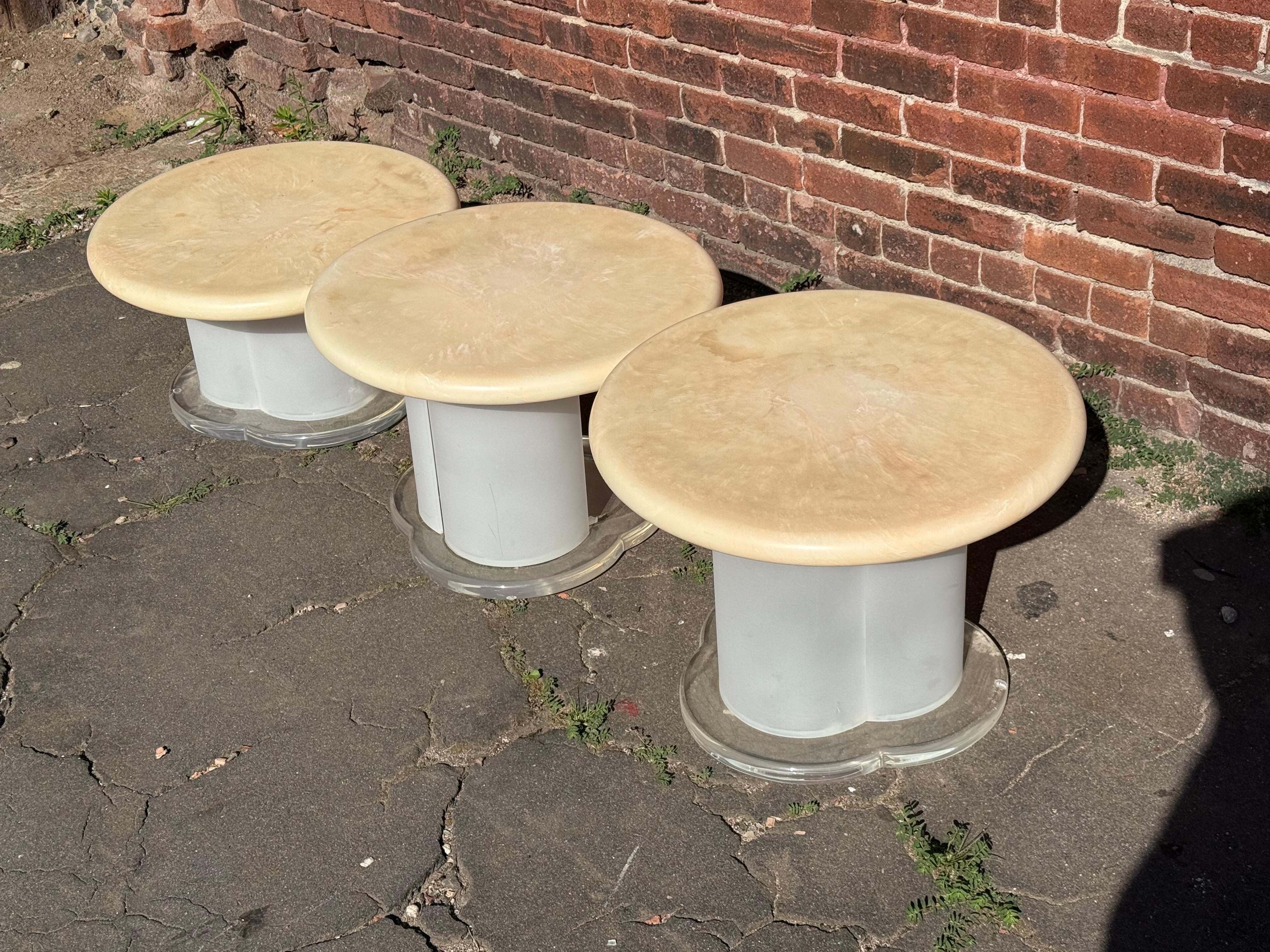 1970 Peach Raisin Mushroom Lucite Base Set of 3. 
The highest height: 16H
Middle height: 14H
lowest height: 12H