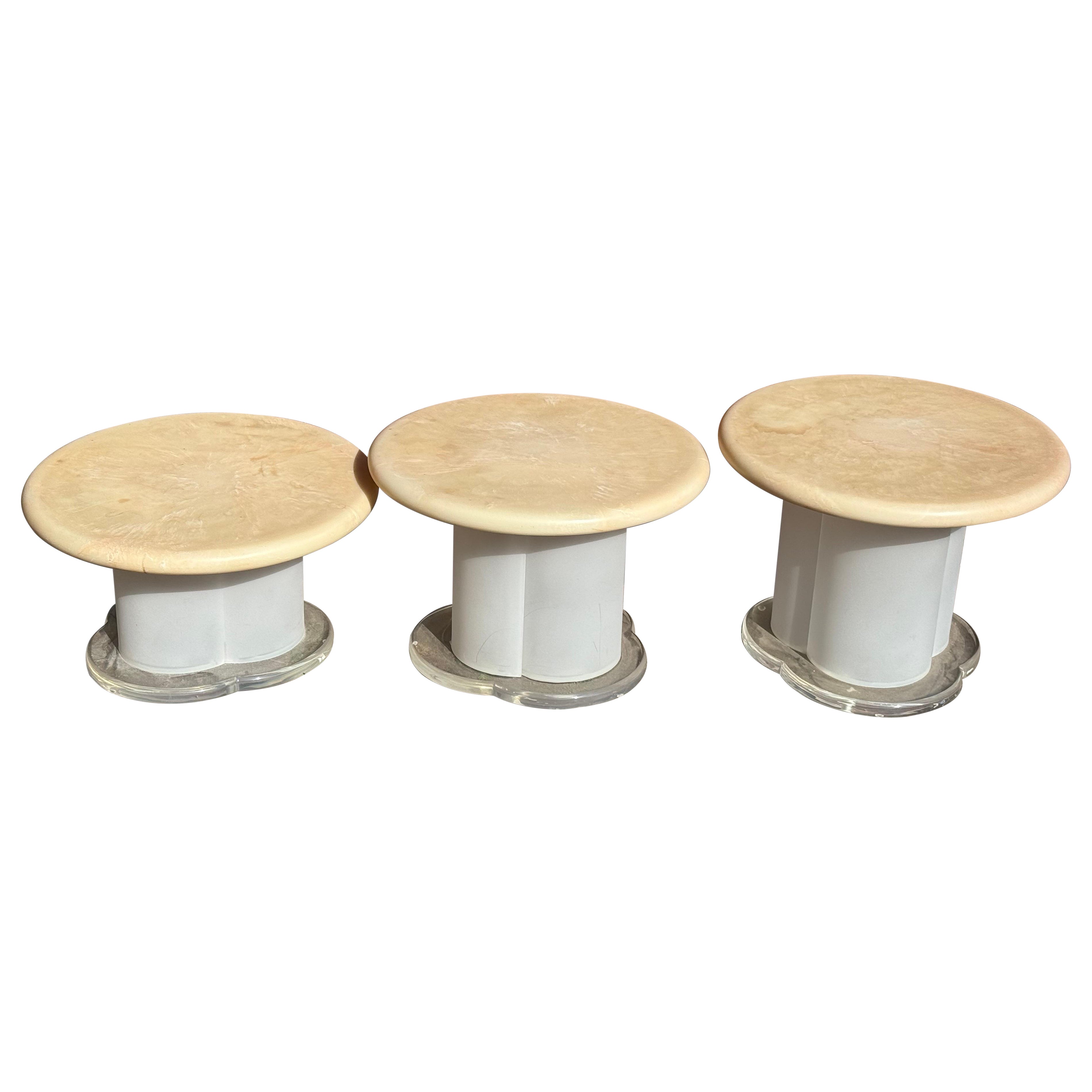 1970 Peach Raisin Mushroom Lucite Base Set of 3 For Sale