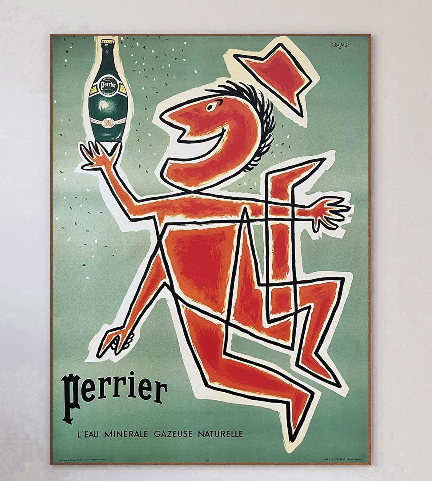 Dieses schöne und lebendige Werk für Perrier wurde von dem legendären Plakat- und Grafikdesigner Raymond Savignac entworfen. Er ist bekannt für seine charmanten und humorvollen Entwürfe für zahlreiche französische Unternehmen und
