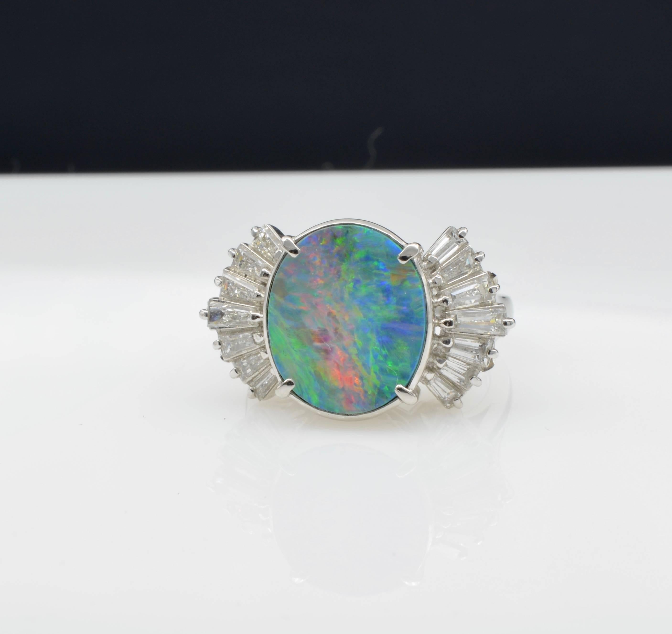 Modernist 1970 Platinum Cocktail Ring Opal Doublet Diamond Baguette