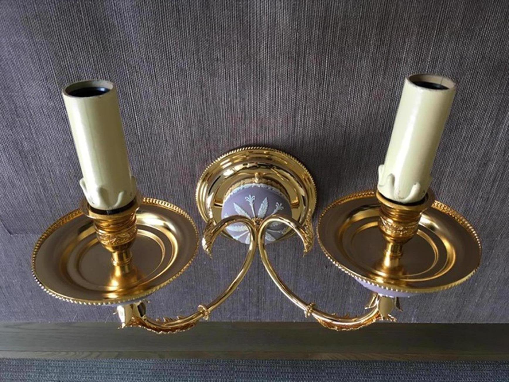 1970 Post-Modern Pair Brass Porcelain Wall Lights with Lampshades For Sale 1