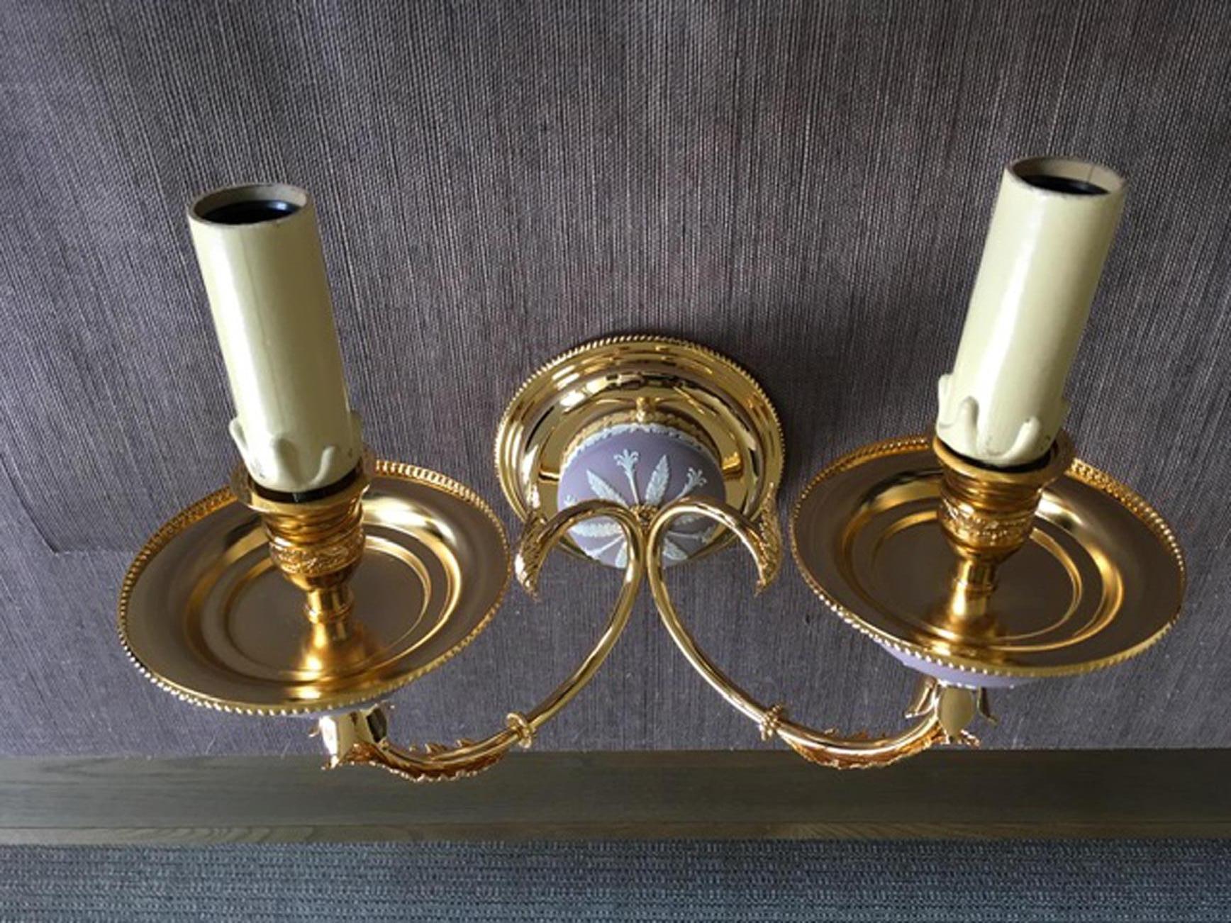 1970 Post-Modern Pair Brass Porcelain Wall Lights with Lampshades For Sale 2