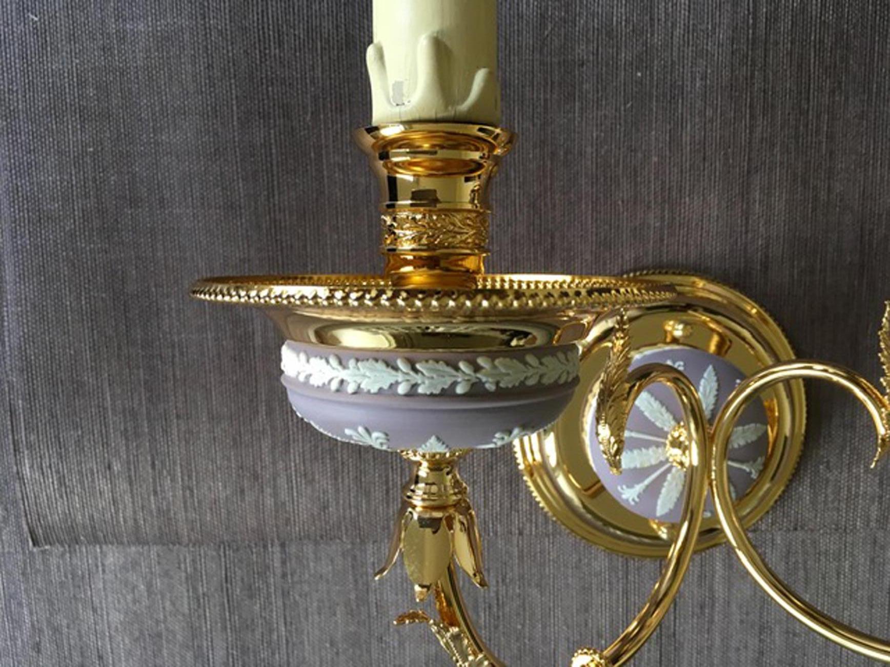 1970 Post-Modern Pair Brass Porcelain Wall Lights with Lampshades For Sale 3