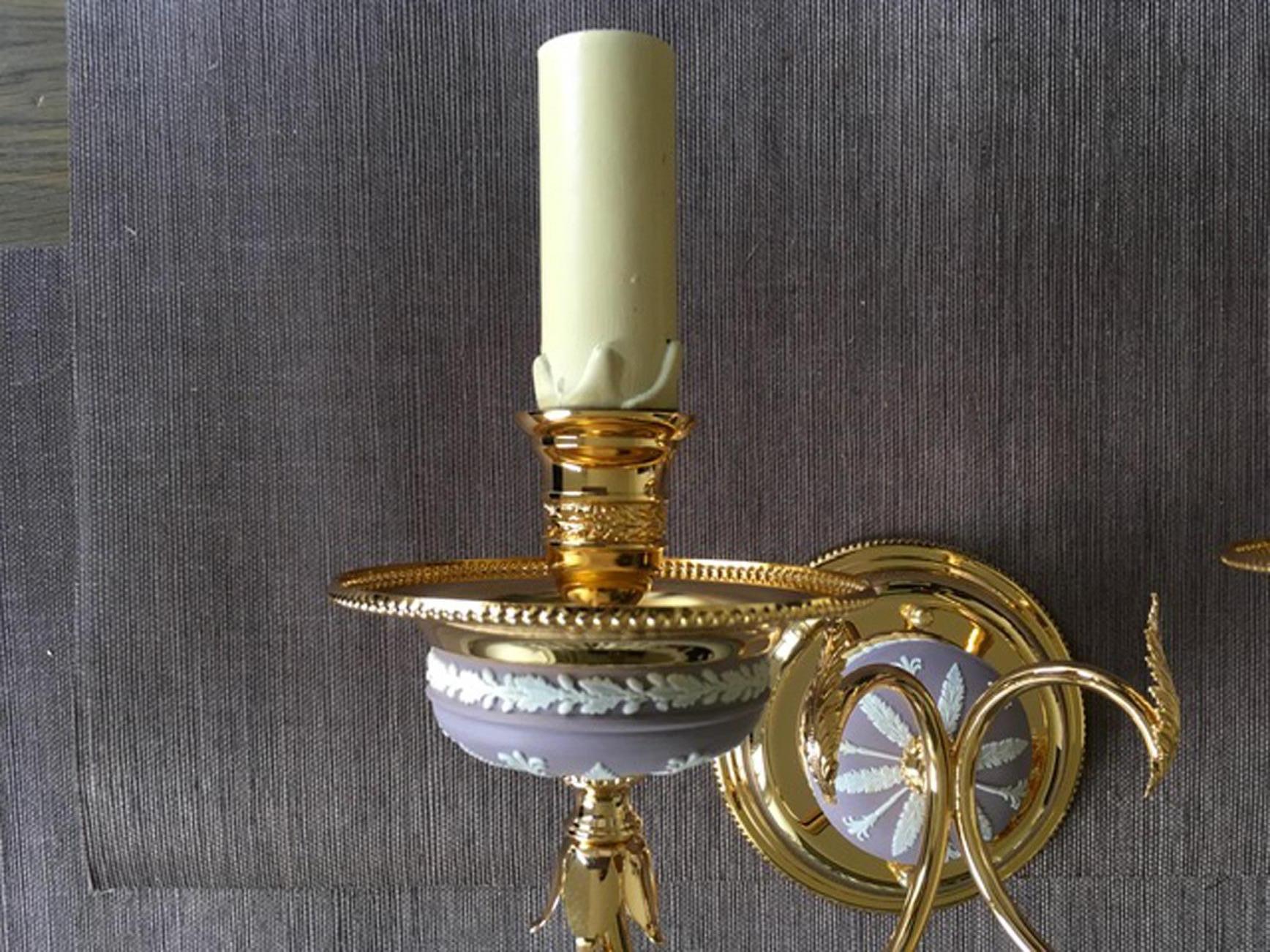 1970 Post-Modern Pair Brass Porcelain Wall Lights with Lampshades For Sale 4