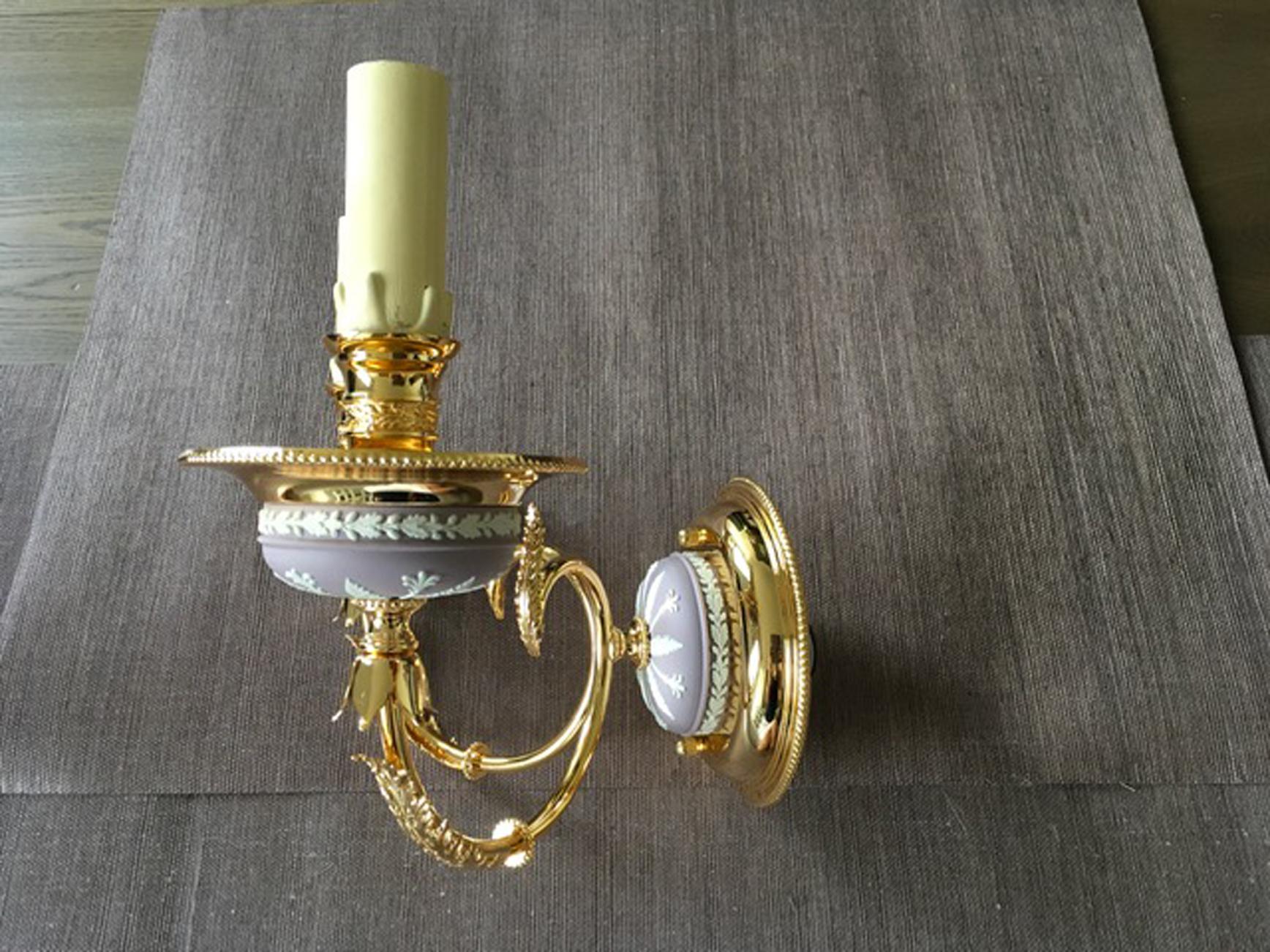1970 Post-Modern Pair Brass Porcelain Wall Lights with Lampshades For Sale 7