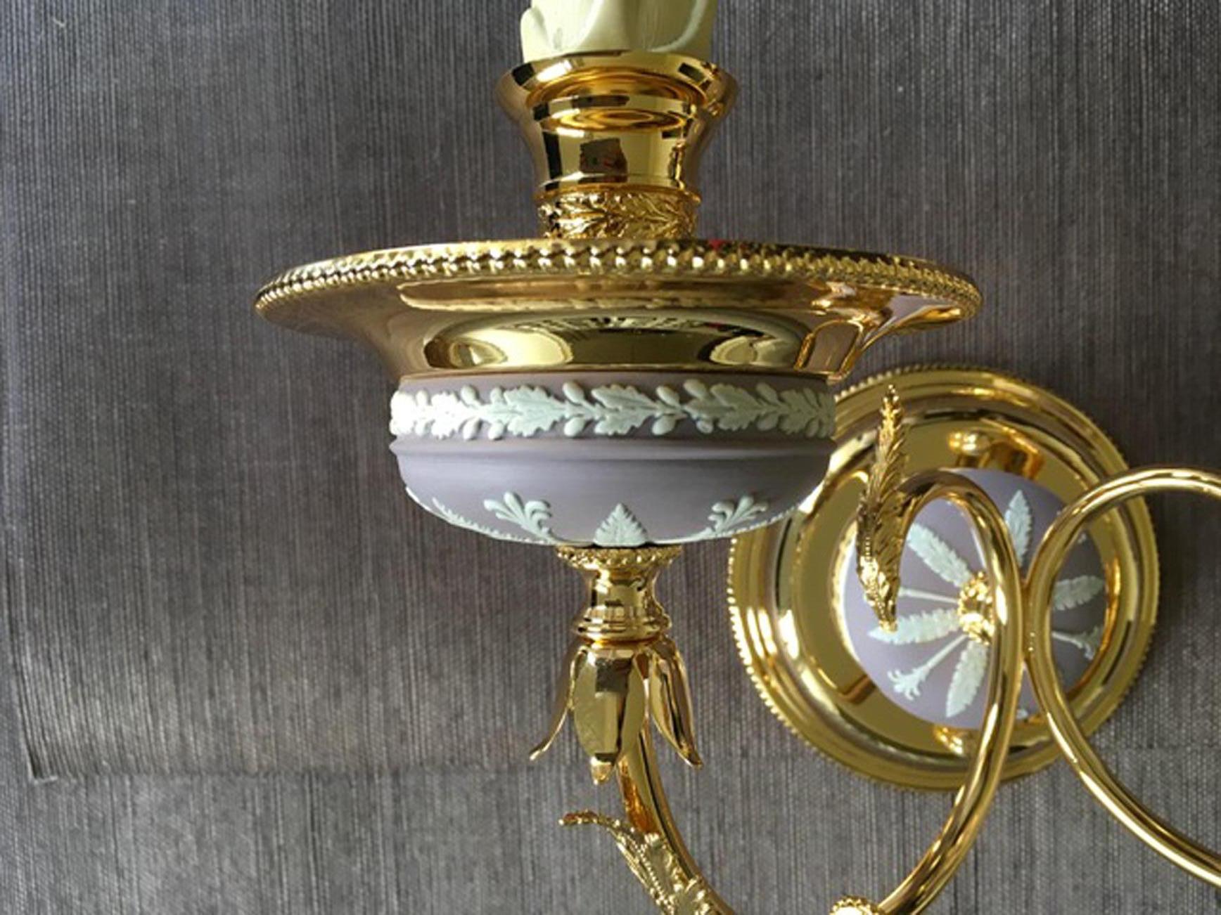 1970 Post-Modern Pair Brass Porcelain Wall Lights with Lampshades For Sale 10