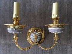 1970 Post-Modern Pair Brass Porcelain Wall Lights with Lampshades