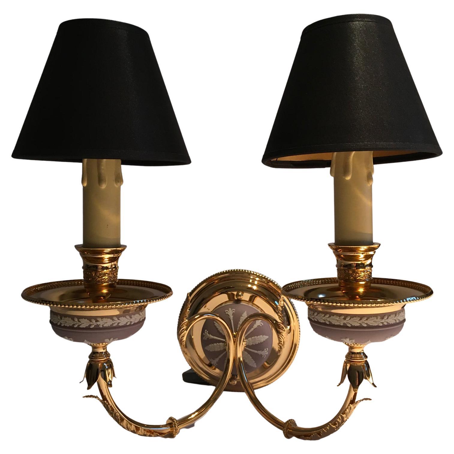 1970 Post-Modern Pair Brass Porcelain Wall Lights with Lampshades For Sale