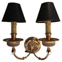 1970 Post Modern Pair Brass Ceramic Wall Lights with Lampshades