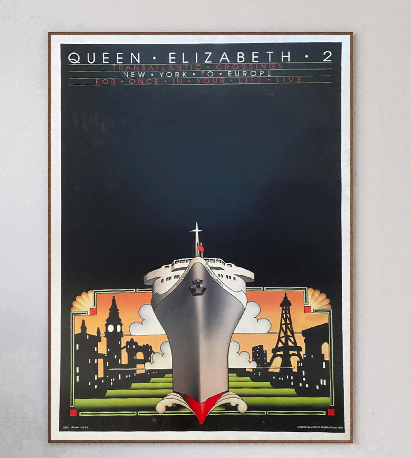 1970 Queen Elizabeth 2 Transatlantic Original Vintage Poster In Good Condition For Sale In Winchester, GB