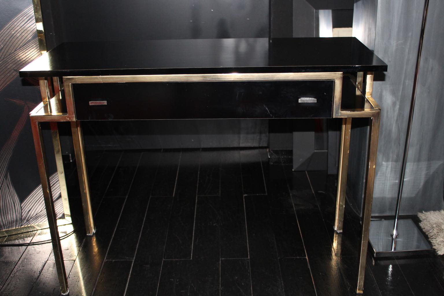 Late 20th Century 1970 Rectangular Writing Desk / Console in Laminate and Brass Finishes