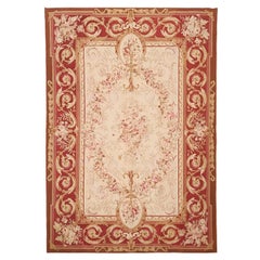 Vintage 1970 Red and Beige Aubussom Rug or Carpet French Style Hand Knotted Wool