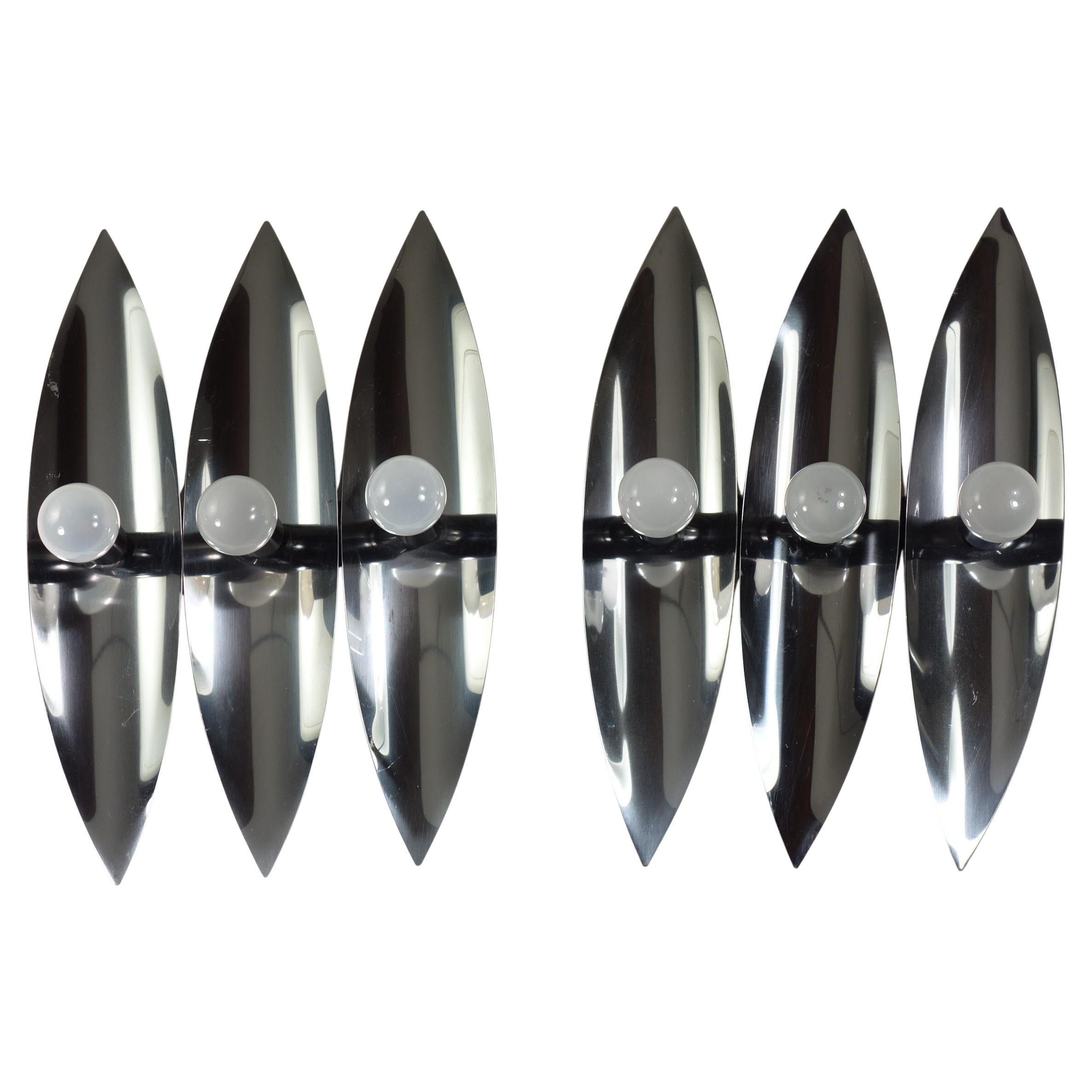 1970 Reggiani Space Age Italian Design Chrome 2 Sconces Modern Wall Lamps