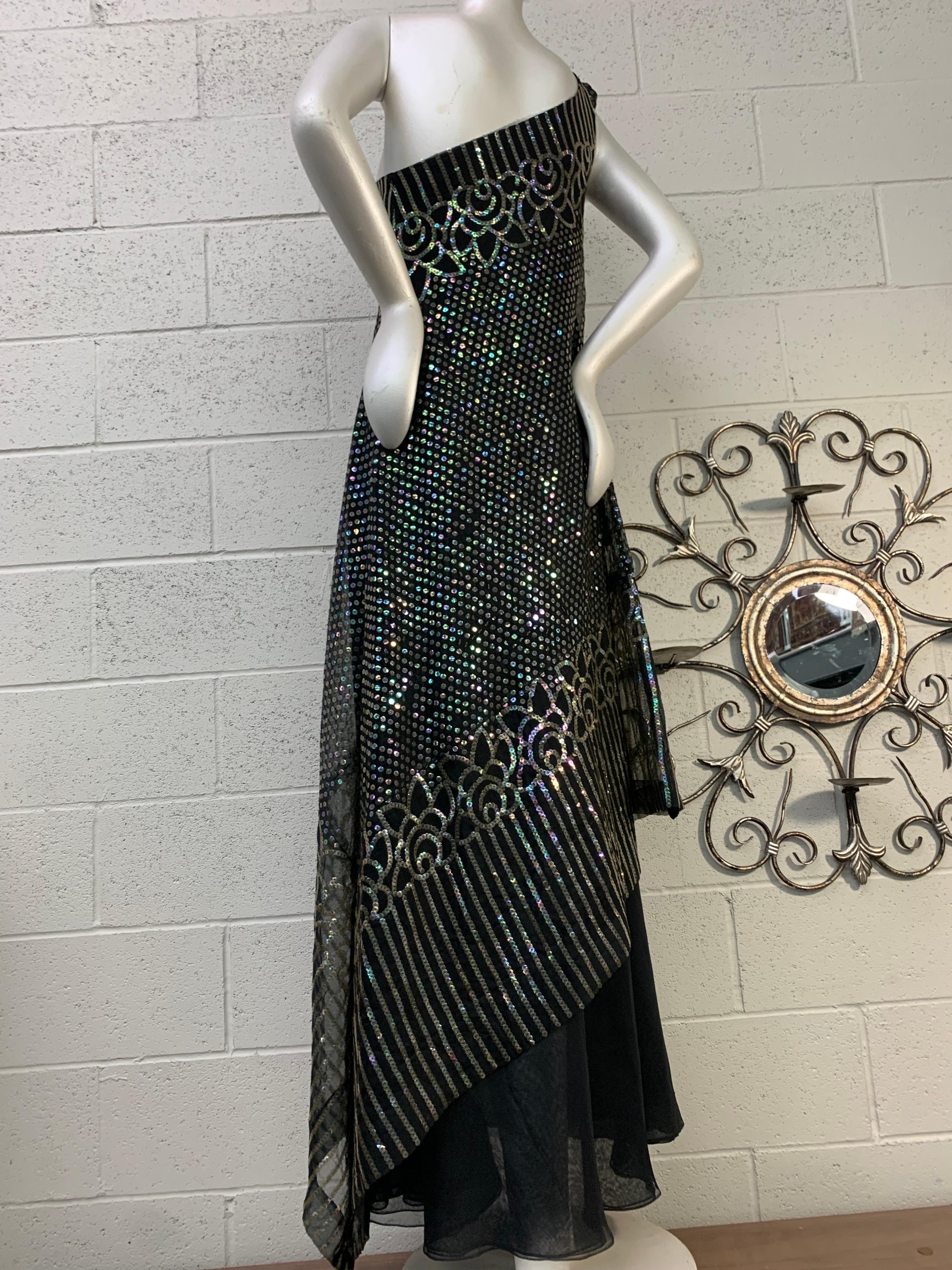 1970 Ruben Panis Black Chiffon Hologram Sequin Art Deco Styled One-Shoulder Gown For Sale 6