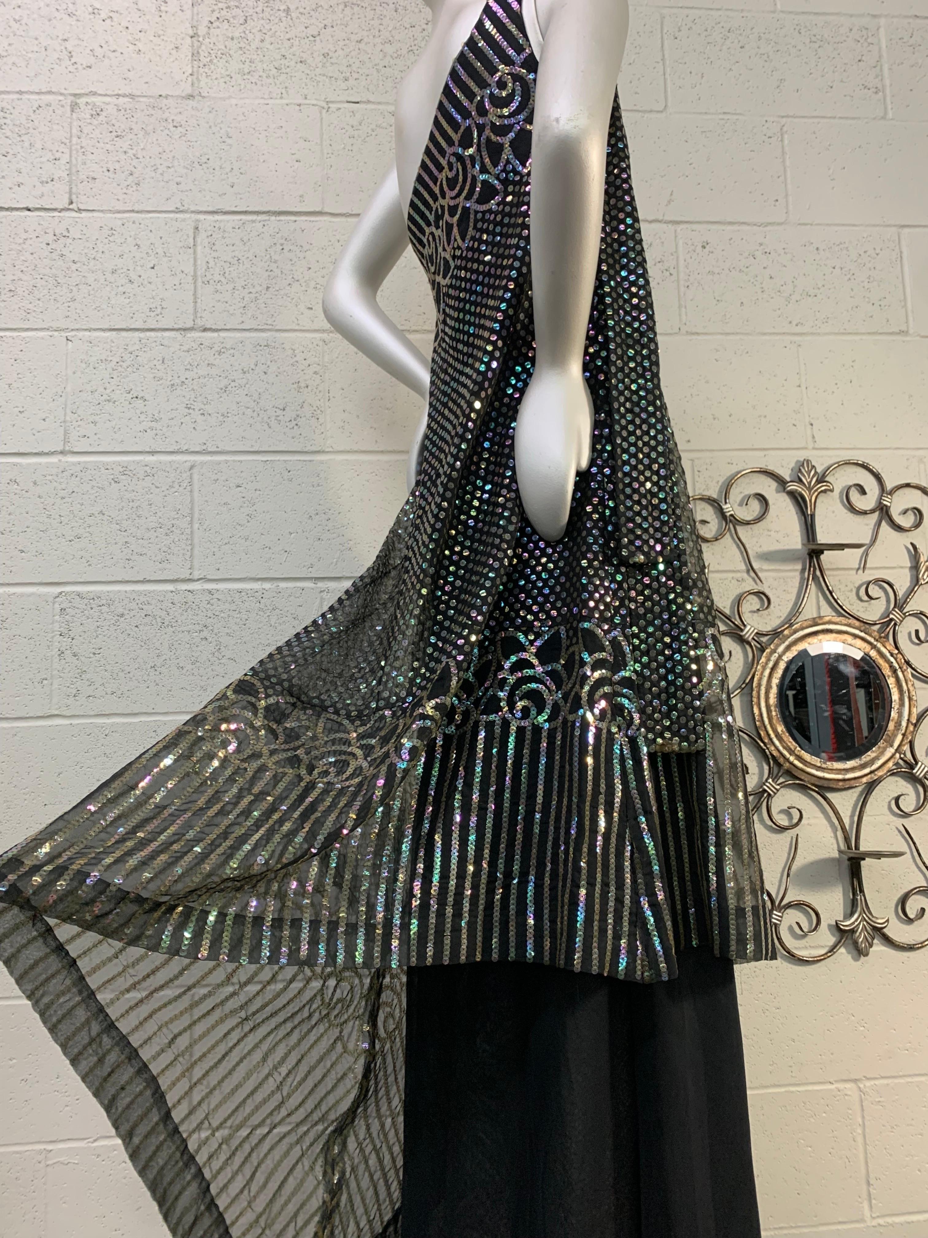 1970 Ruben Panis Black Chiffon Hologram Sequin Art Deco Styled One-Shoulder Gown For Sale 7