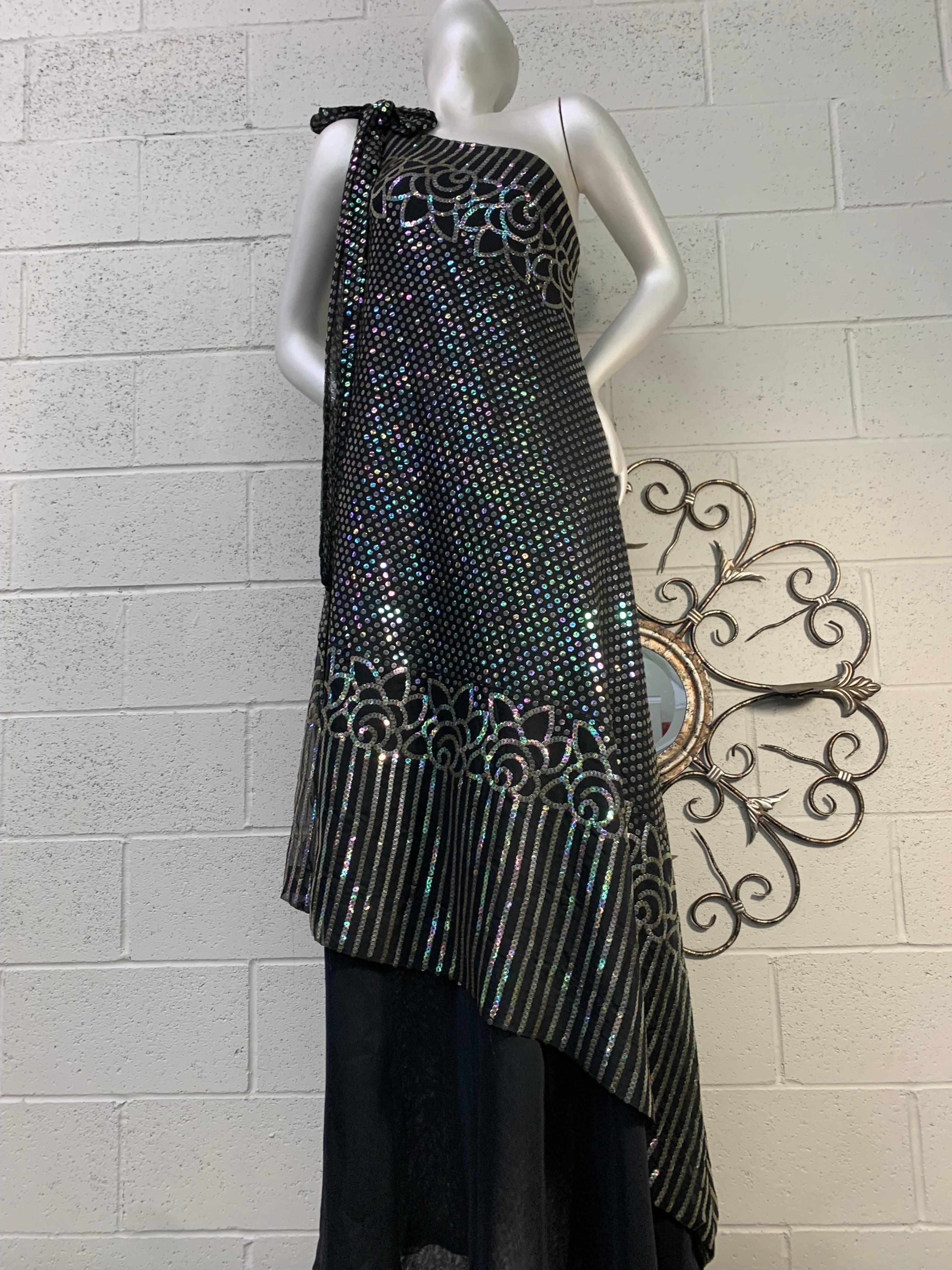 1970 Ruben Panis Black Chiffon Hologram Sequin Art Deco Styled One-Shoulder Gown For Sale 9