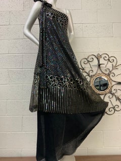 1970 Ruben Panis Black Chiffon Hologram Sequin Art Deco Styled One-Shoulder Gown
