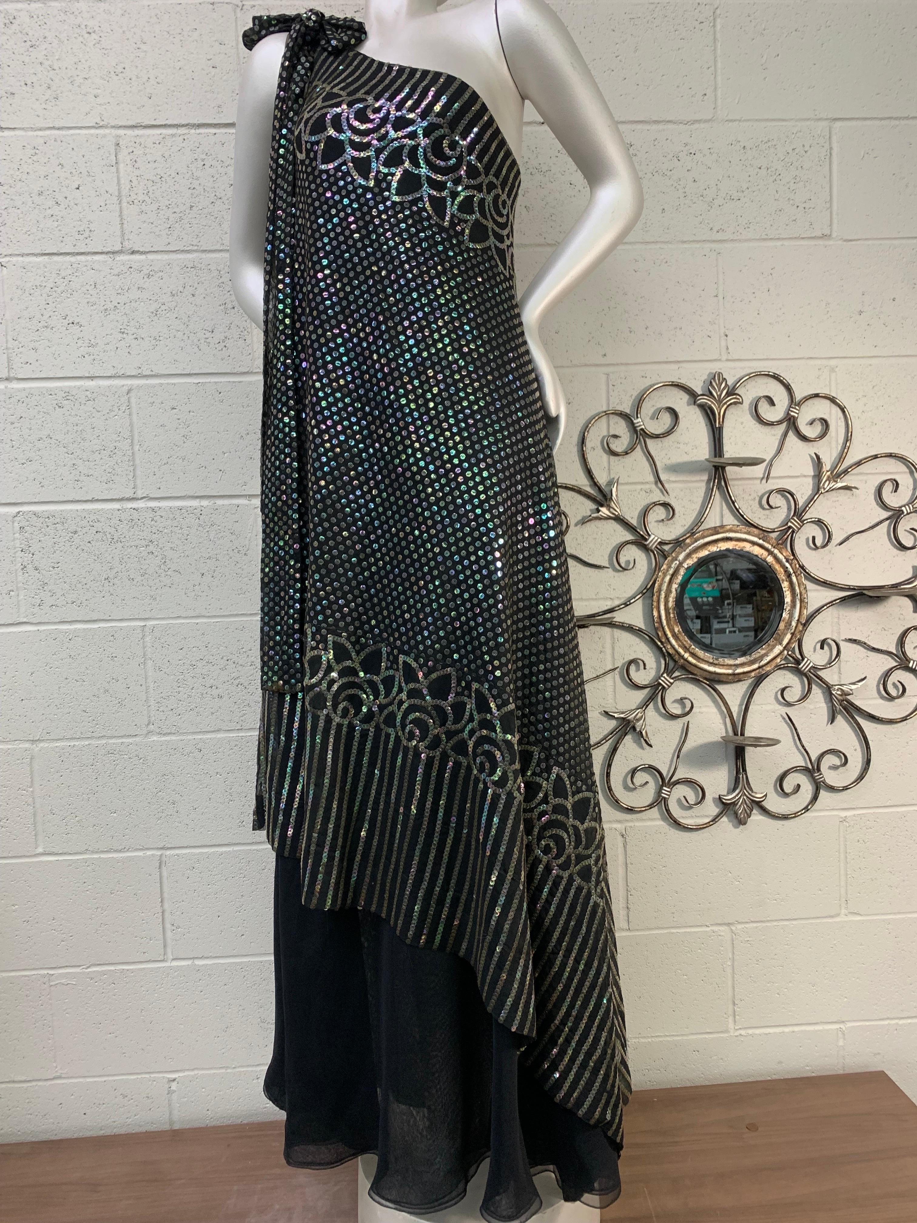 1970 Ruben Panis Black Chiffon Hologram Sequin Art Deco Styled One-Shoulder Gown In Excellent Condition For Sale In Gresham, OR