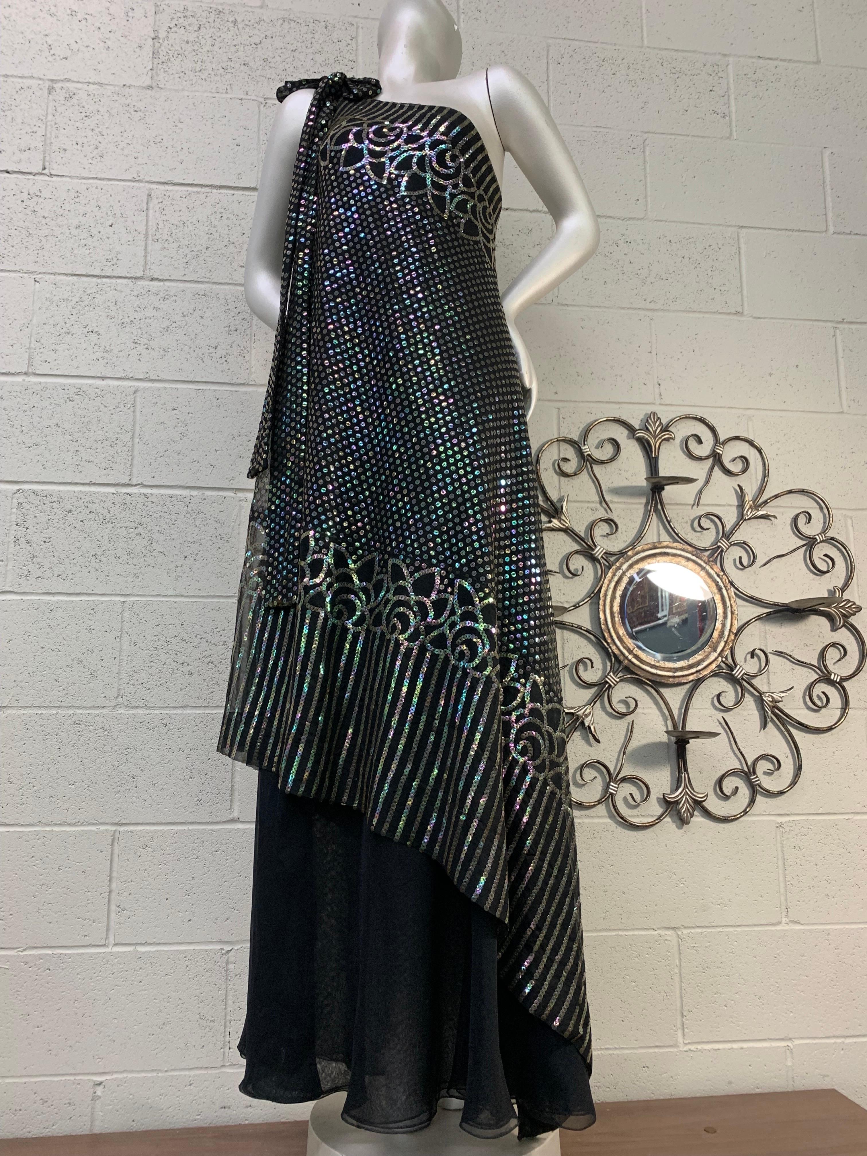 1970 Ruben Panis Black Chiffon Hologram Sequin Art Deco Styled One-Shoulder Gown For Sale 1