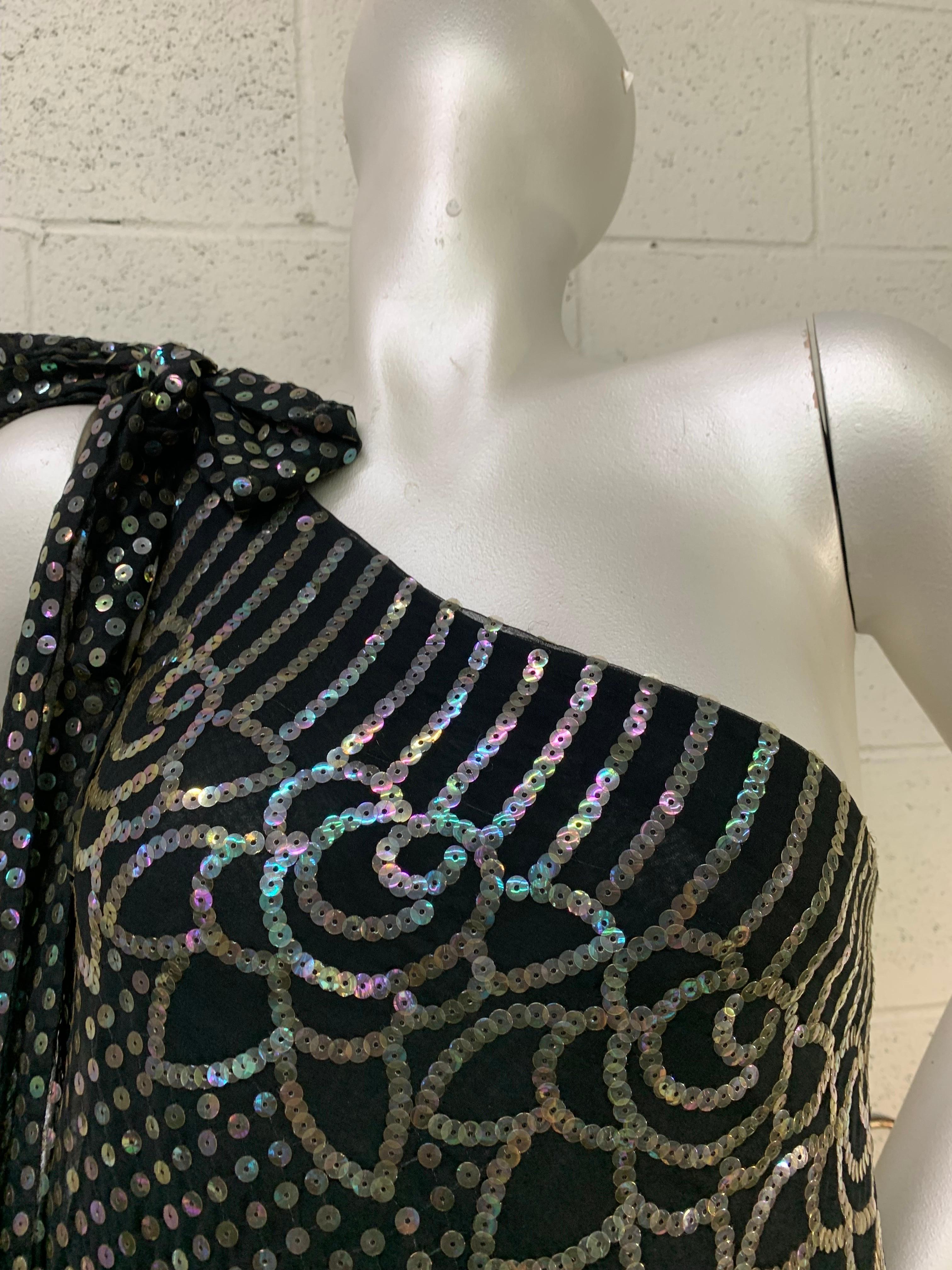 1970 Ruben Panis Black Chiffon Hologram Sequin Art Deco Styled One-Shoulder Gown For Sale 3