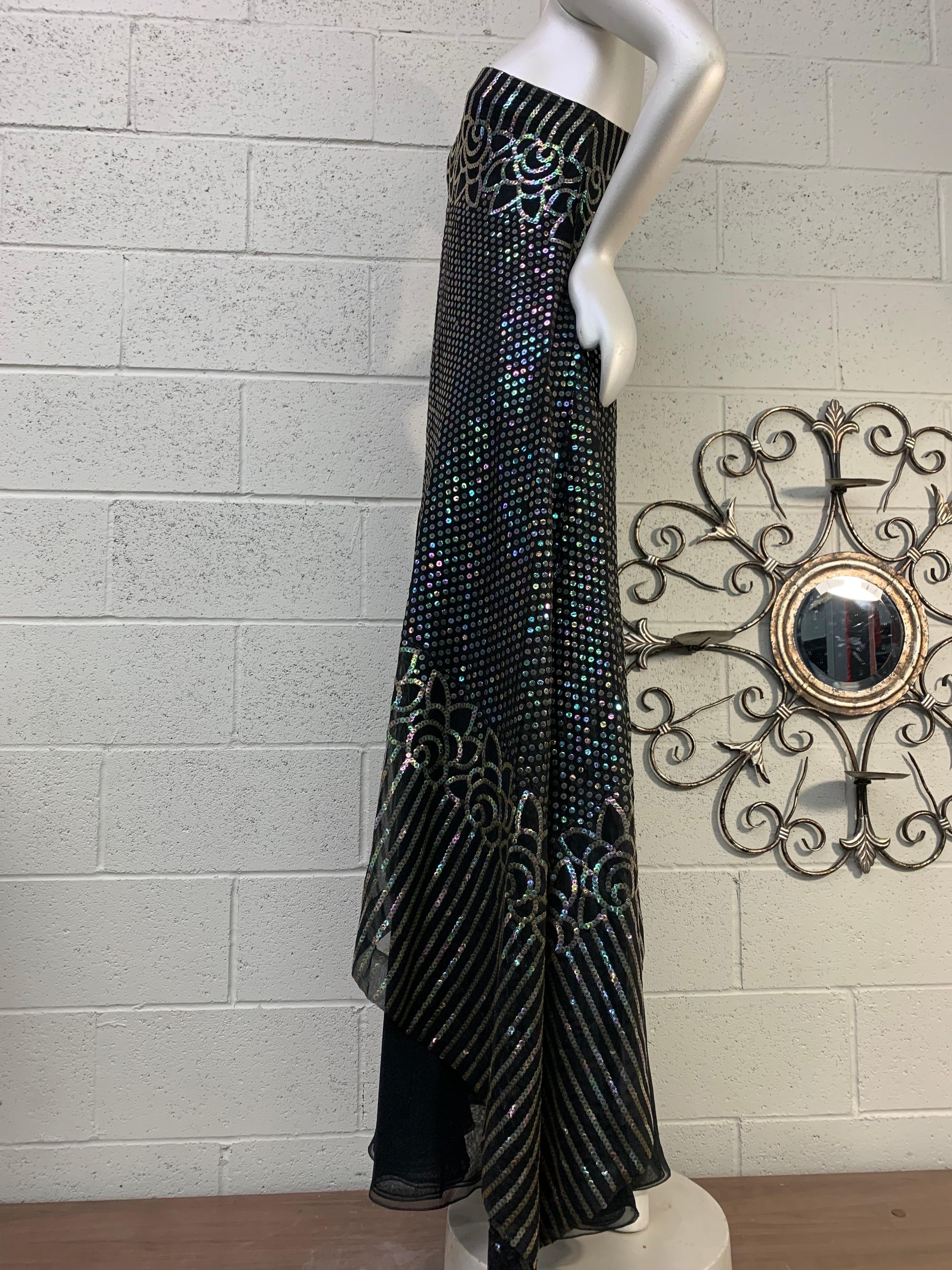 1970 Ruben Panis Black Chiffon Hologram Sequin Art Deco Styled One-Shoulder Gown For Sale 5