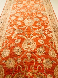 1970 Runner Handmade in Wool with Flowers and Leaves in Orange and Beige Colors