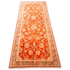 Vintage 1970 Runner Handmade in Wool with Flowers and Leaves in Orange and Beige Colors