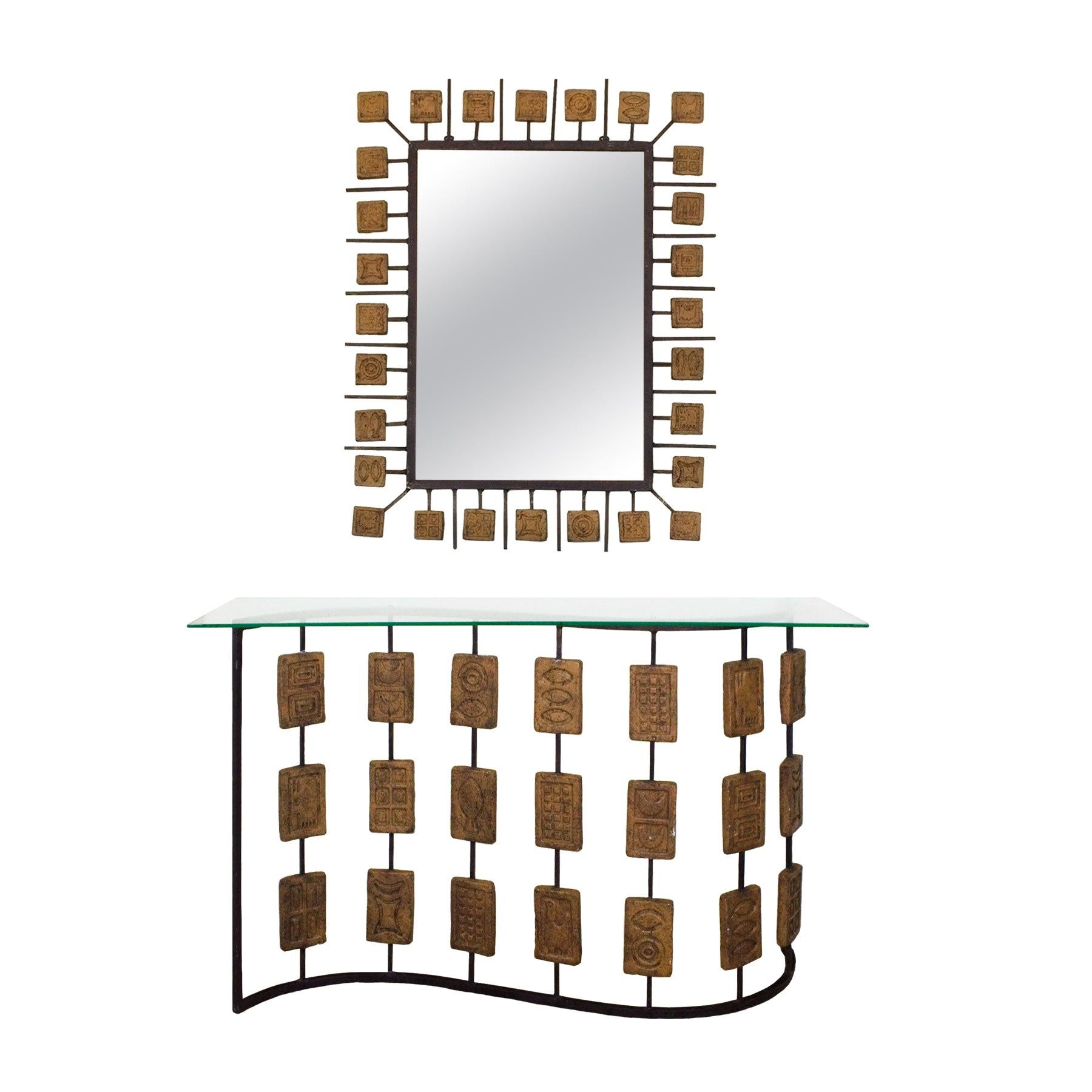 1970s Console and Mirror by Mario Giani "Clizia", Steel, Terracotta, Italy