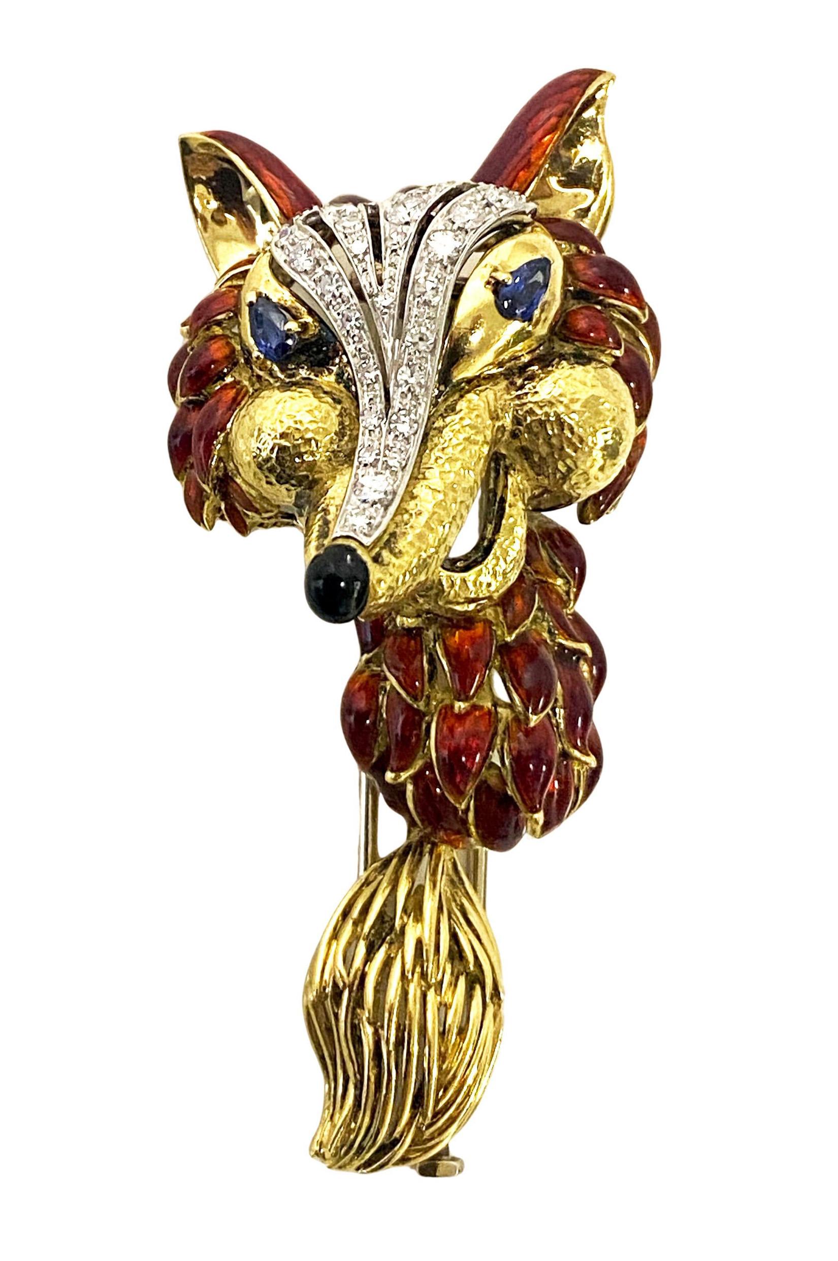 Round Cut 1970’ s Fox brooch 18K Diamonds Sapphires Enamel Spritzer & Fuhrmann For Sale