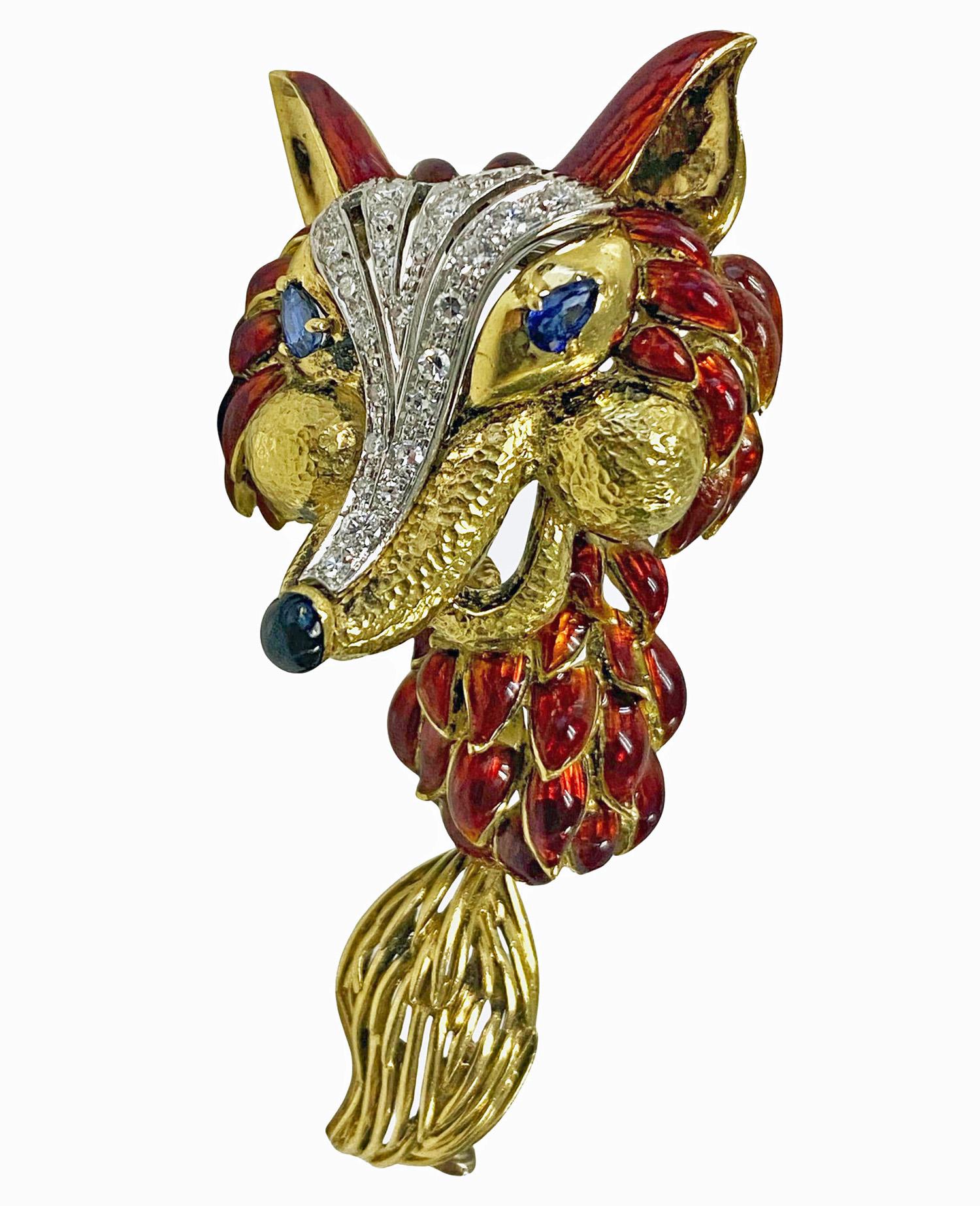 1970’ s Fox brooch 18K Diamonds Sapphires Enamel Spritzer & Fuhrmann In Good Condition For Sale In Toronto, ON