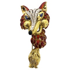 1970’ s Fox brooch 18K Diamonds Sapphires Enamel Spritzer & Fuhrmann