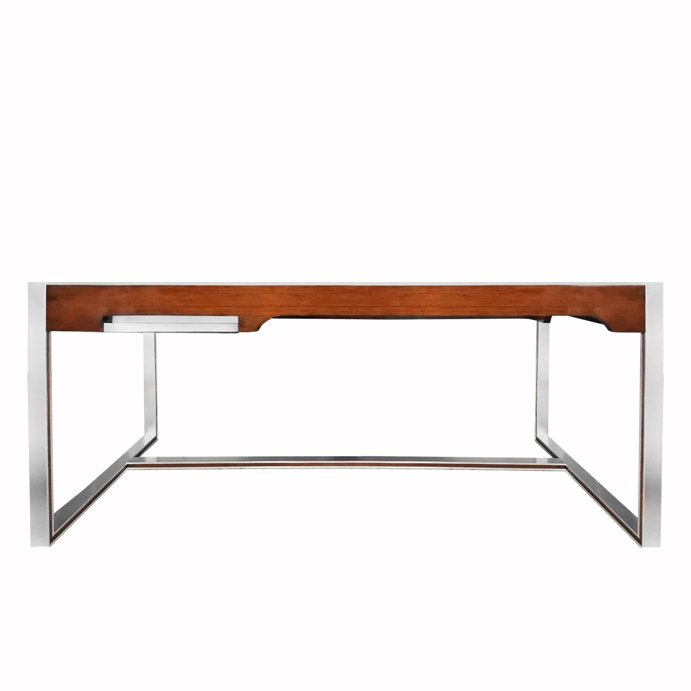 Large flat desk with brushed aluminium frame and French polished mahogany, a compartmentalized drawer opening by a rail system under the thick glass of the top. High quality.
Design: Claude Gaillard
Maker: Ligne Roset

France c. 1970.