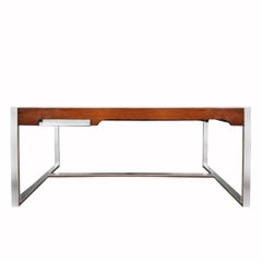 Grand bureau en aluminium et acajou des années 1970 par Claude Gaillard pour Ligne Roset, France