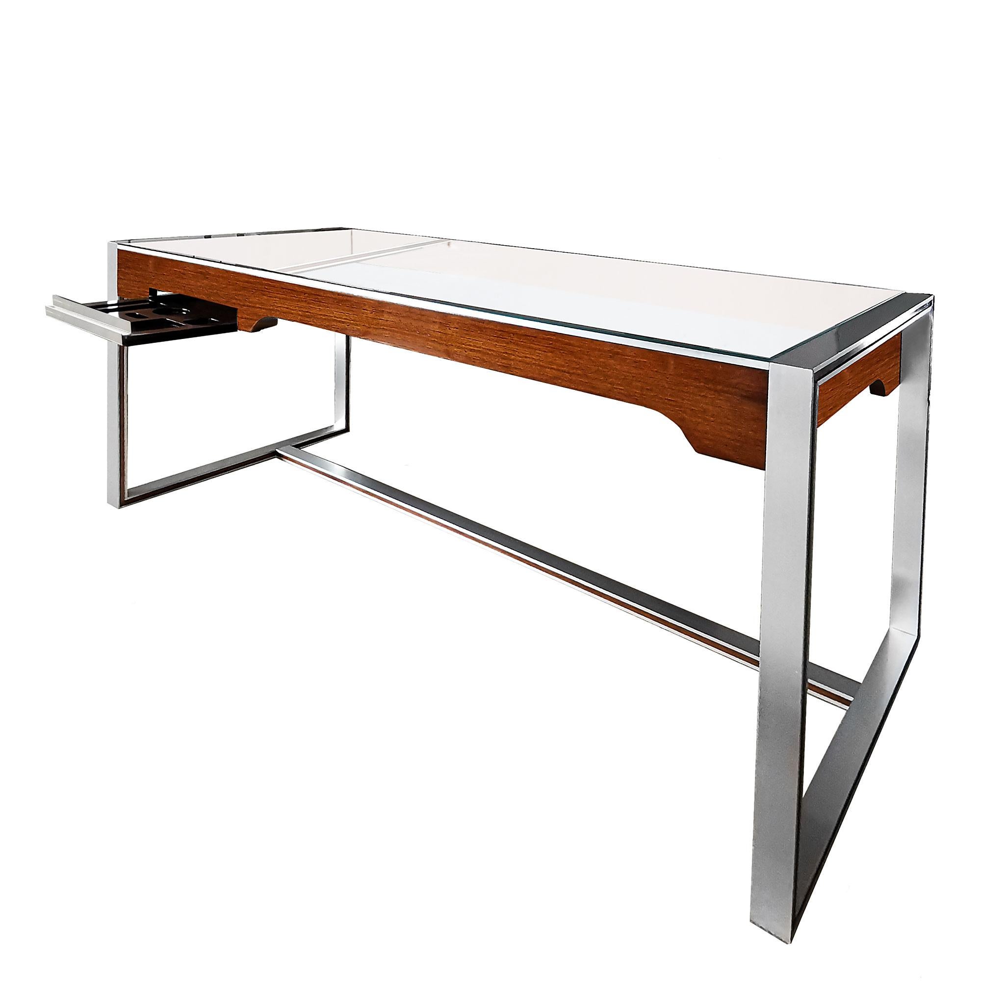 French 1970´s Large Aluminium- Mahogany Desk by Claude Gaillard for Ligne Roset, France