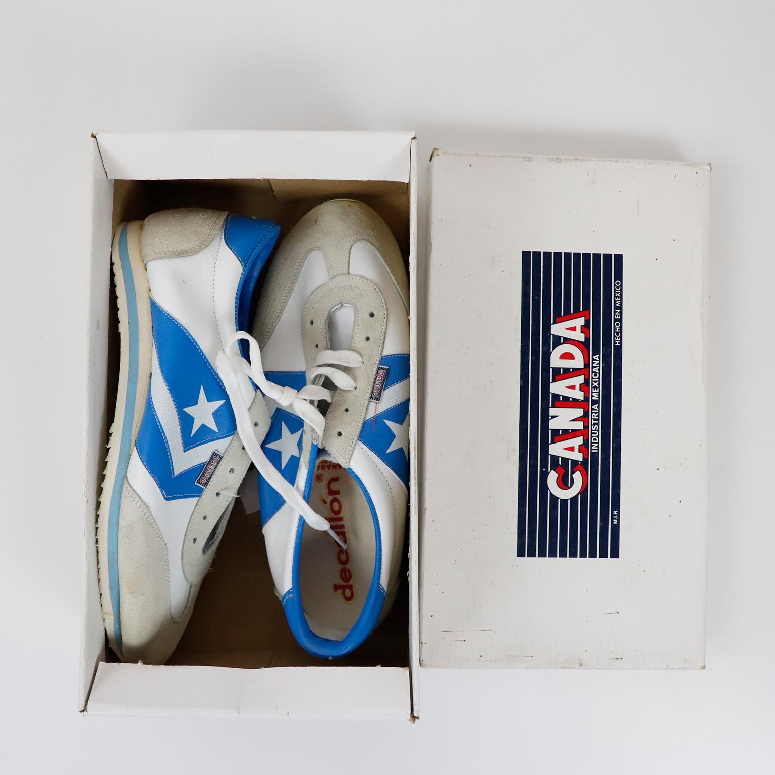 circa 1970. We offer this unique pair of never used CANADA sneakers with original box.
About CANADA:
CANADA was a very successful Mexican shoes and sneakers brand, during the 70s and 80s.
In the book Shoe Dog, in which Phil Knight, the legendary