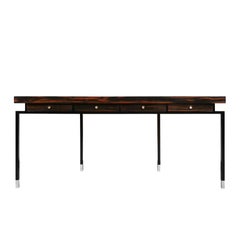 1970s Pair of Large Consoles, Macassar Ebony Veneer, Blackened Steel, France