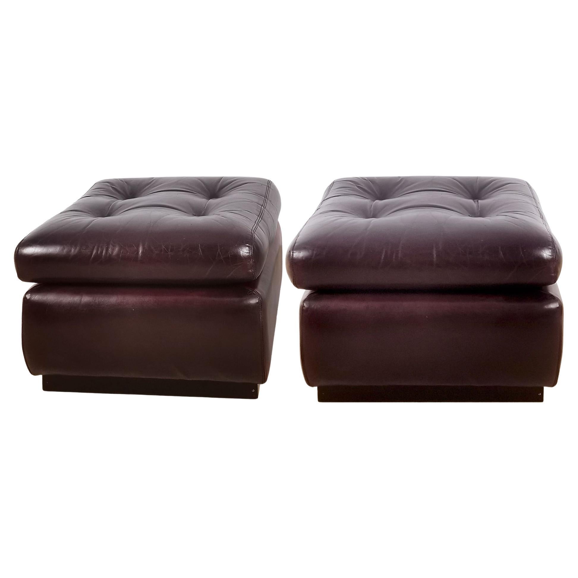 1970´s Pair of Large Ottomans, Wood and Original Burgundy Leather, Italy