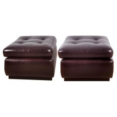 1970´s Pair of Large Ottomans, Wood and Original Burgundy Leather, Italy
