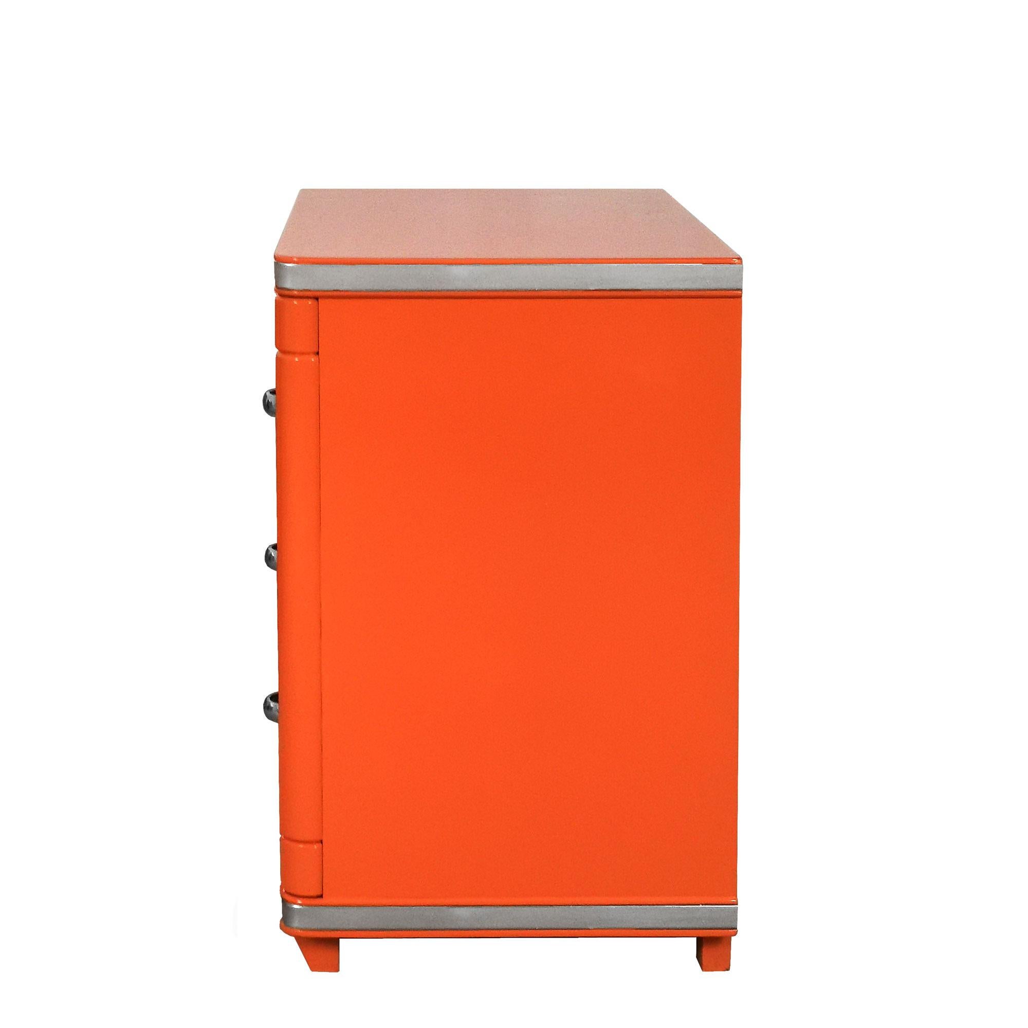 Modern 1970's Pair of Night Stands, Orange Lacquered Wood, Three Drawers, Barcelona