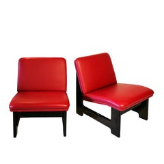 1970s Pair of Small Armchairs, Wood, Red Leather, Spain - Barcelona